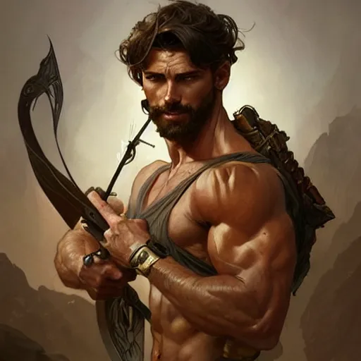 Image similar to portrait of rugged male ranger d & d muscular fantasy intricate elegant highly detailed digital painting artstation concept art smooth sharp focus illustration art by artgerm and greg rutkowski and alphonse mucha