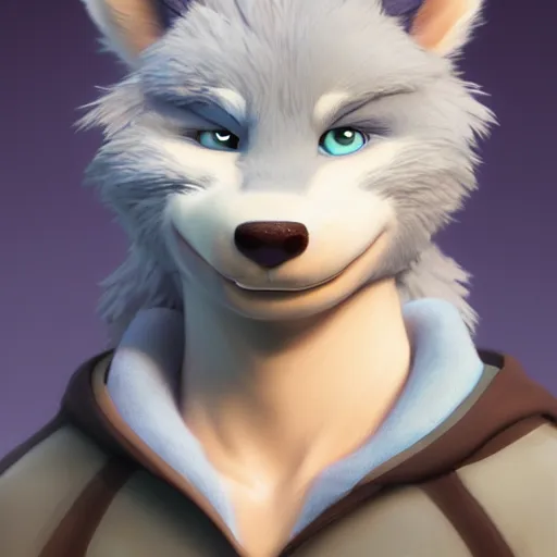 Prompt: portrait character design a young cute blue fluffy werewolf, style of maple story and zootopia, 3 d animation demo reel, portrait studio lighting by jessica rossier and brian froud and gaston bussiere