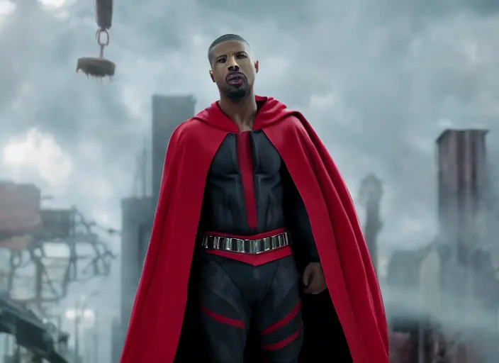 Image similar to film still of michael b jordan as spawn in the new spawn movie, giant chains, large cape, 8 k