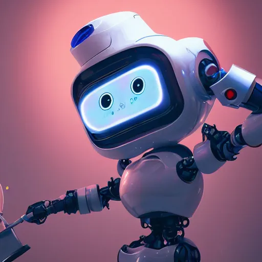 Image similar to cute robot with multiple big paintbrushes, painting a canvas, cute, galaxy, photorealism 4 k, octane render, clean design, beautiful light