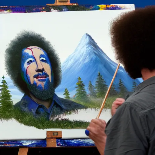 Image similar to a closeup photorealistic photograph of bob ross working on a canvas painting of marilyn manson. mountain scape. happy trees. film still. brightly lit scene. this 4 k hd image is trending on artstation, featured on behance, well - rendered, extra crisp, features intricate detail, epic composition and the style of unreal engine.