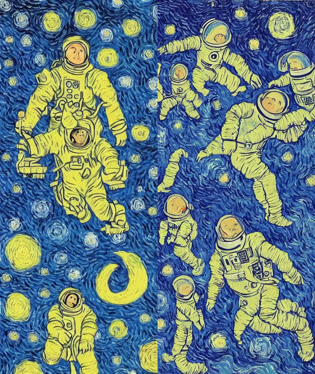 Prompt: Astronauts between the moon and the Earth, Van Gogh style.