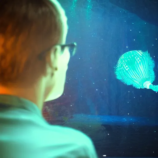 Image similar to over the shoulder photo of a man watching a giant aquarium, magic glowing jellyfish in glowing cosmic stardust, colorful stars, galaxies, space, award winning photo, intricate, high detail, atmospheric, desolate, artstation