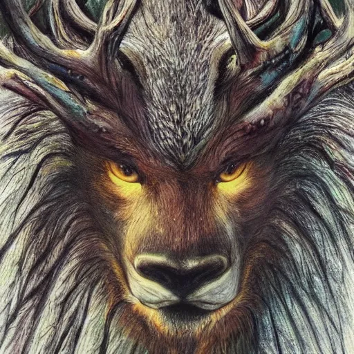 Image similar to A majestic forest creature is staring at the camera, very detailed, cinematic, epic painting in the style of Lord of the Rings