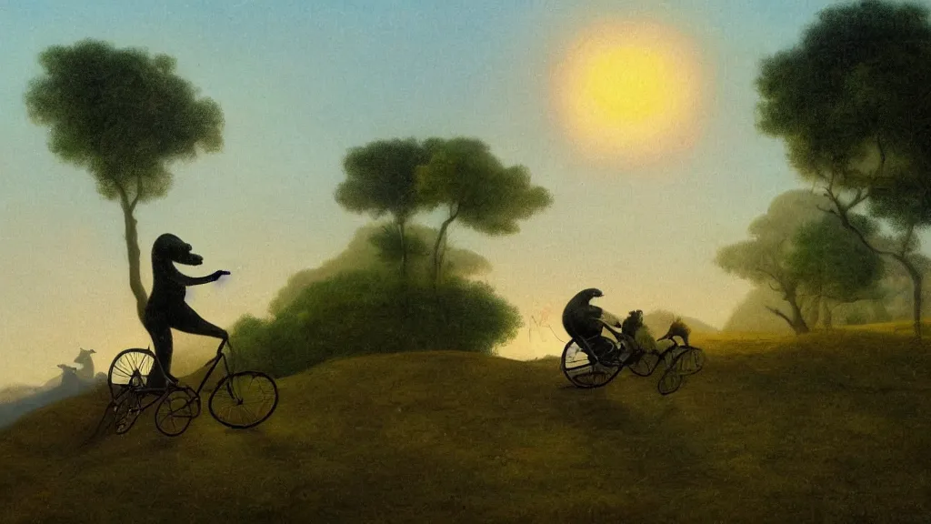 Prompt: a few sloth friends, riding their bicycles down the hill, dreamy landscape, sunset, in the style of michael sowa