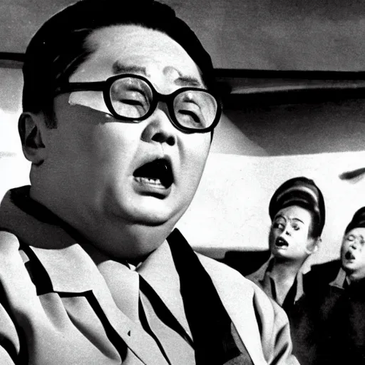 Prompt: a filmstill of Kim Jong-il seeing the monster in Godzilla (1954) by Ishirō Honda