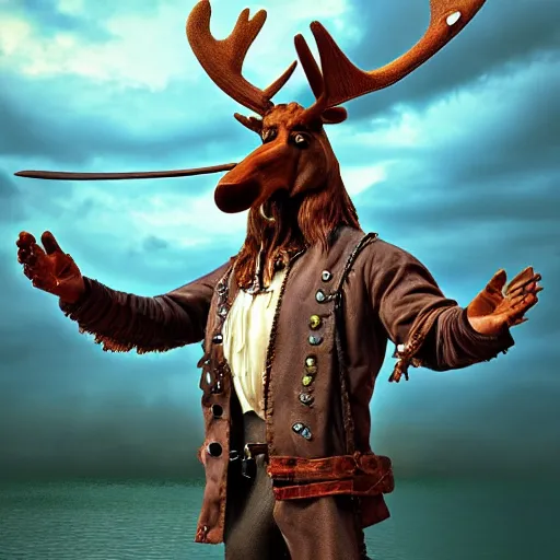 Prompt: anthropomorphic moose pirate humanoid by mike winklemann, pirate ship, sea, fantasy