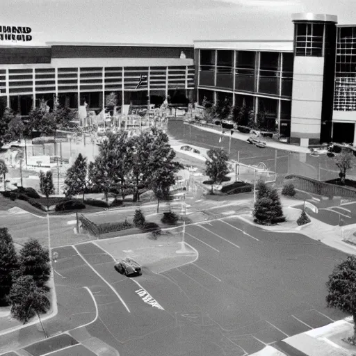 Image similar to springfield mall virginia 1980s, photorealistic, 8k, award winning, black and white