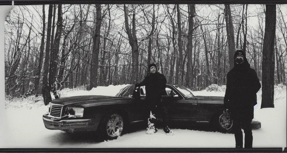 Image similar to vintage polaroid photograph of a man wearing black winter clothes and a black beanie in a snowy forest, standing next to a car