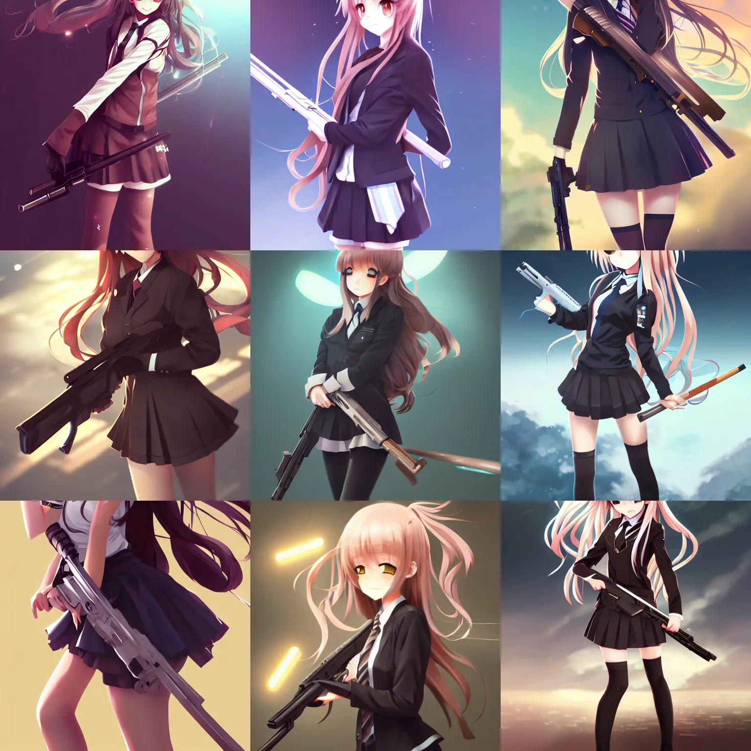 Prompt: anime, full body, cute, female, a cute girl wearing a school uniform and holding a rifle, long wavy hair, light and shadow effects, highly detailed, digital painting, art station, sharp focus, high quality, frontal view, illustration, concept art, wlop