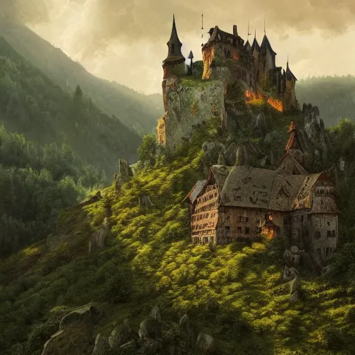 Image similar to A vast verdant empty valley surrounded by Transylvanian mountains. A medieval castle in ruins on the mountainside. Accurate details, dramatic lighting, golden hour, stormy weather, intricate, highly detailed, digital painting, artstation, concept art, sharp focus, illustration, art by Gustave Dore, octane render