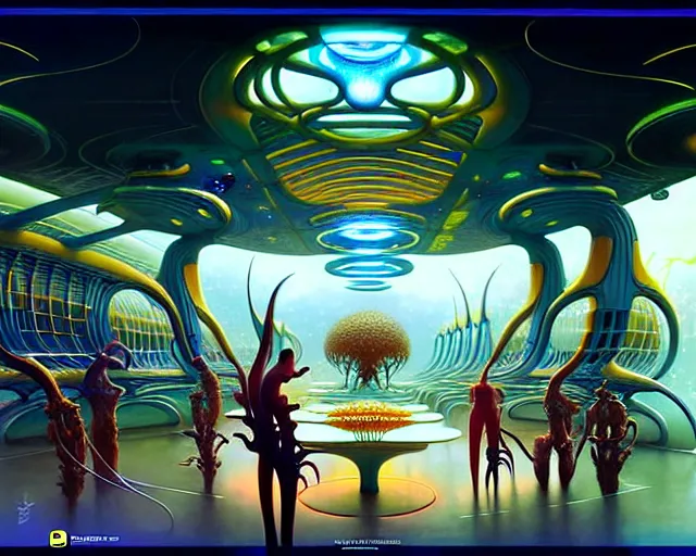 Image similar to a futuristic mcdonalds restaurant, fantasy landscape made of fractals facing each other, ultra realistic, wide angle, intricate details, the fifth element artifacts, highly detailed by peter mohrbacher, hajime sorayama, wayne barlowe, boris vallejo, aaron horkey, gaston bussiere, craig mullins