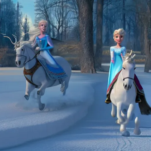 Prompt: elsa from frozen riding a white horse while being chased by a Minion