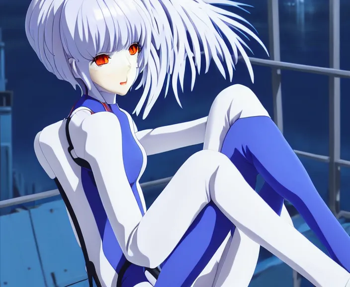 Prompt: anime art, fullbody shot of female rei ayanami, evangelion, long blue hair and large eyes, finely detailed perfect face, in a pale skintight plugsuit, sitting on rooftop, flooded city, trending on pixiv fanbox, by ilya kuvshinov, sola digital arts,, raytracing