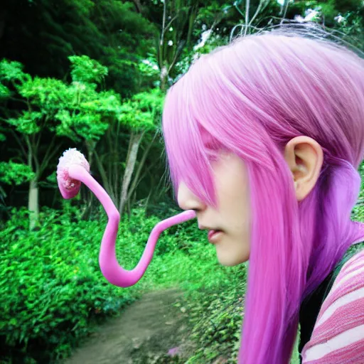 Prompt: ”Japanese anime girl, pink hair with two huge elephant ears, action shot, by Kurahana Chinatsu”