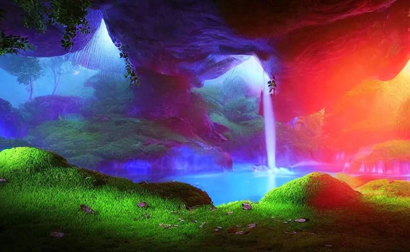 Prompt: a beautiful and stunning professional digital photo of a humongous glowing mushroom cave, haze, waterfall, volumetric lighting, hyperrealistic, red, yellow, green, blue, sunset, unreal engine 5, ultra detail