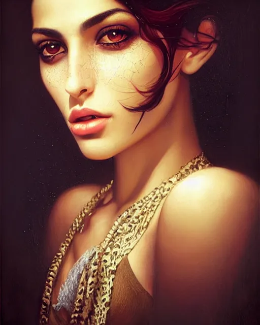 Image similar to a highly realistic, true to life portrait of a beautiful young middle eastern girl, sharp focus, from the waist up, under studio lighting, taken with a canon eos camera with 1 3 5 mm focal length, art by karol bak, james jean, tom bagshaw, trending on artstation,