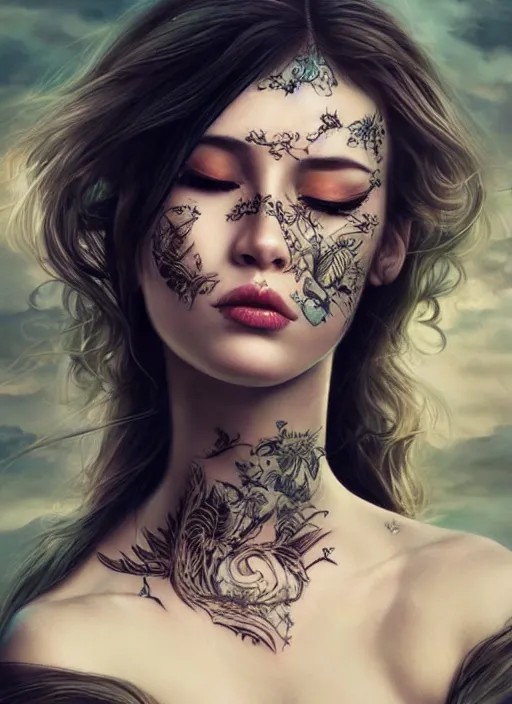 Image similar to a beautiful woman with closed eyes and tattoos, 8 k, sensual, hyperrealistic, hyperdetailed, beautiful face, long hair windy, dark fantasy, fantasy portrait by laura sava