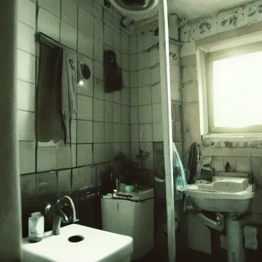 Prompt: a wide angle 3 5 mm film photography of a dirty cluttered bathroom somewhere in eastern europe, evocating a feeling of unease and claustrophobia