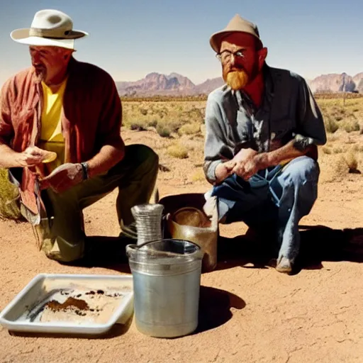 Prompt: walt and jessie cooking meth in the desert,
