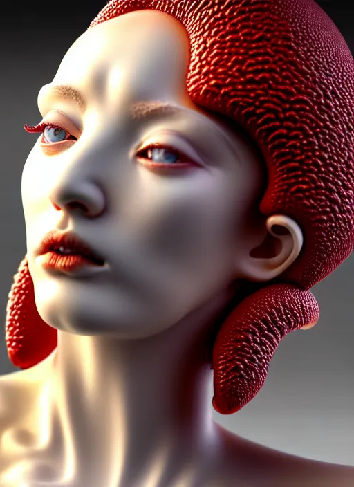 Image similar to intricate hyper detailed ultra sharp focus front shot 3 d render of a beautiful porcelain ivory woman, sharp focus, close - up, f 2. 8 1 5 0 mm natural light, elegant bionic haute couture cyberpunk mechanical red fractal mushroom corals, white mycelum and fungi head ornaments, alexandre ferra, octane render, volumetric cinematic lighting, 8 k,