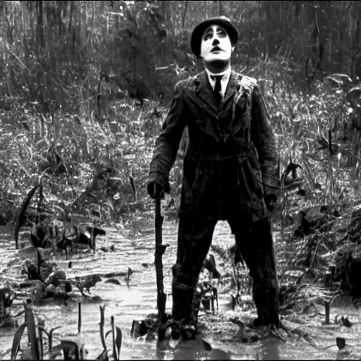 Prompt: cinematic still of charlie chaplin, covered in mud and watching a predator in a swamp in 1 9 8 7 movie predator, hd, 4 k