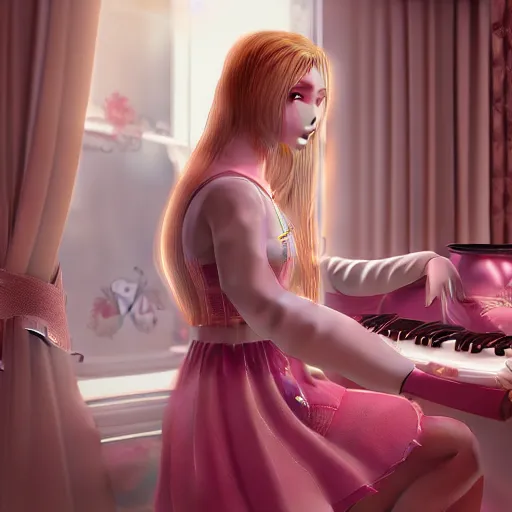 Prompt: highly detailed russian girl with long blond hair playing a pink piano with a cup of tea, realistic, soft light, sharp focus, octane render, aesthetic