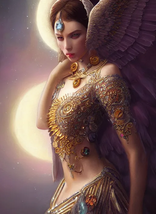 Image similar to A beautiful digital painting of a female Seraphim full of jewels, princess, the moon behind her, intricate, cinematic lighting, highly detailed, digital painting, Artstation, concept art, smooth, sharp focus, illustration, art by Tom Bagshaw, Artgerm and Greg Rutkowski