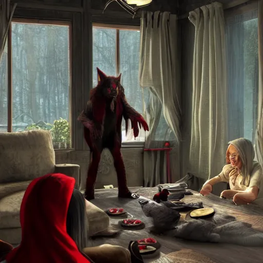 Prompt: werewolf and red riding hood talking in grandma’s living room, 3d scene, render, ultra realistic, zenith view, Greg Rutkowski, artstation, cgsociety, unreal engine, 3d scene, render, ultra realistic