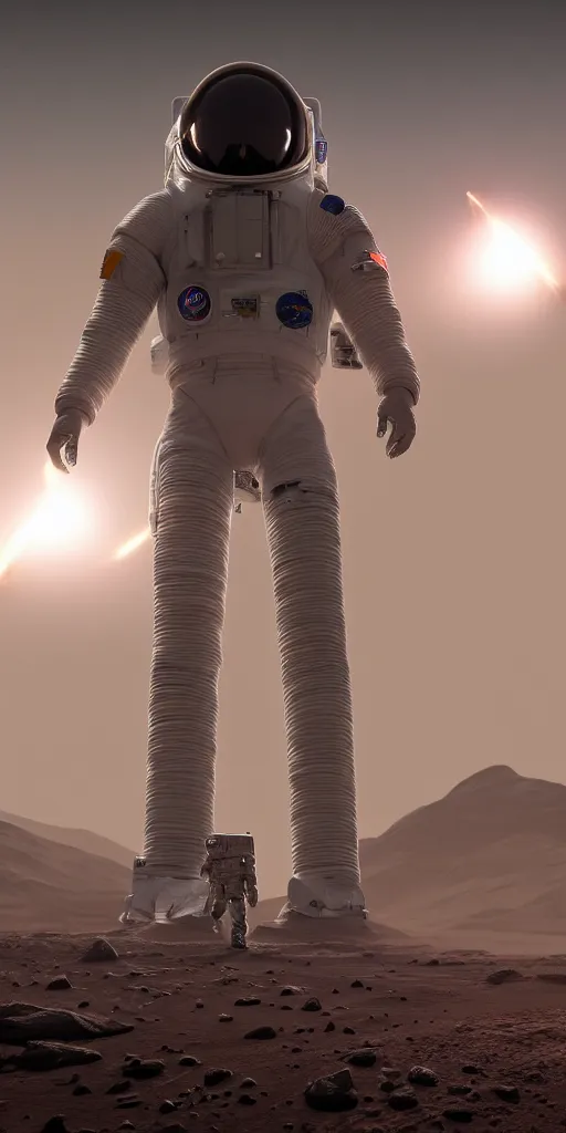 Image similar to concept art, an american astronaut in the distance + a new lightweight spacesuit landing on mars, musk's mars migration program, cyberpunk, backlight, epic, high detail, 8 k, octane rendering, unreal engine.