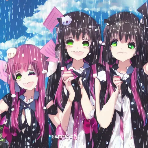 Image similar to key anime visual of a catgirls having fun together, ; rain falling; group shot; trending on Pixiv