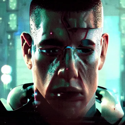 Prompt: cyberpunk rock - man as a soldier smoking a cigarette, still from the movie universal soldier, still from the movie terminator, fog, dramatic lighting, cinematic, 4 k, full body shot, backlit, rim lighting, full body photgraph, shap, football armor, cyberpunk, bladerunner, extreme detail, light rain, trending on artstation, spot light