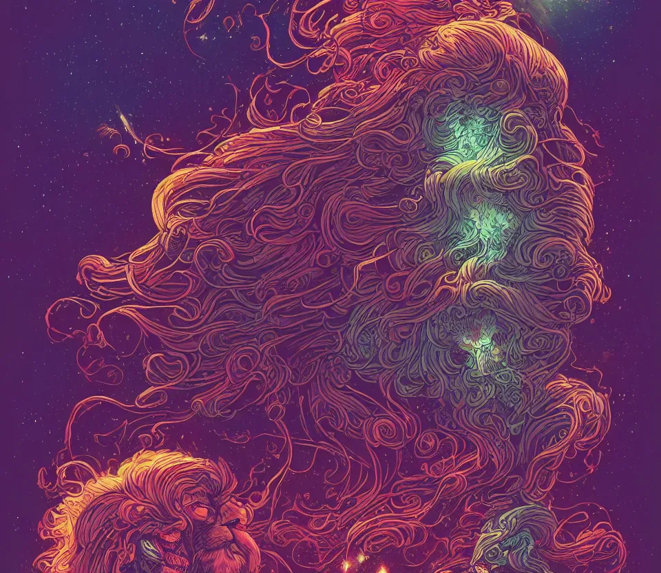 Image similar to gigantic retrowave lion's mane jellyfish flying among the galaxies and nebulae by Laurie Greasley and Peter Mohrbacher and Dan Mumford and Xsullo, tarot card art, hyperdetailed, dramatic lighting, atmospheric lighting, fractal patterns