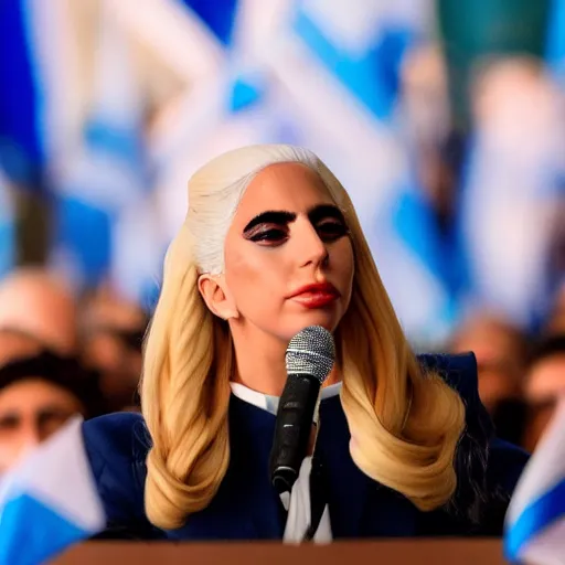 Image similar to Lady Gaga as president, Argentina presidential rally, Argentine flags behind, bokeh, giving a speech, detailed face, Argentina