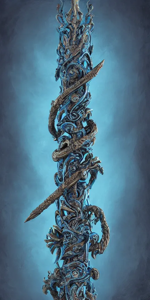 Image similar to an ornate and royal twisted ornate carved wooden wizards staff weapon with a radiant blue crystal held in a claw on top, hovering, hyper realism, realistic shading, cinematic composition, blender render, hdr, detailed textures, photorealistic, 3 5 mm film, fantasy greg rutkowski digital painting, giger