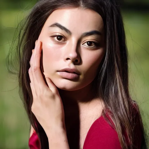 Image similar to a masterpiece portrait photo of a beautiful young woman who looks like an asian margot robbie, symmetrical face