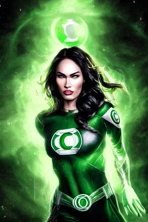 Image similar to majestic and regal portrait of megan fox female green lantern, dc universe, perfect face, beautiful, intricate, epic, elegant, fantasy, highly detailed, digital painting, hard focus, beautiful volumetric lighting, epic light, ultra detailed, by leesha hannigan, ross tran, thierry doizon, kai carpenter, ignacio fernandez rios