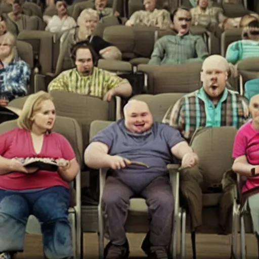 Image similar to film still from walle of the fat humans in chairs