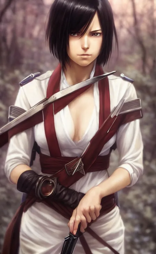 Image similar to mikasa ackerman, hero pose, medium shot, bokeh, beautiful face!!!!, 2 7 years old, cg animation, lifelike, animated, realistic, character select portrait, by artgerm, greg rutkowski, alphonse mucha, 3 d