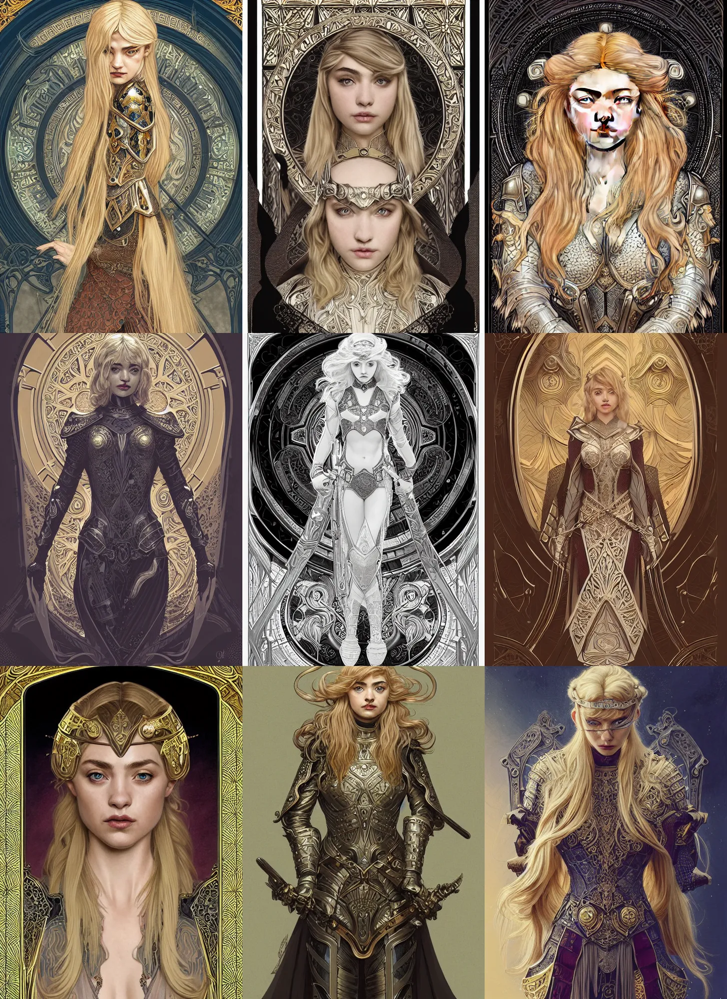 Prompt: masterpiece symmetrical centered portrait, Imogen Poots as a D&D paladin, blonde hair, intricate metal armour, Art Nouveau, beautiful retro Fantasy heroine 1985, intricate, elegant, highly detailed, centered, digital painting, trending on artstation, concept art, smooth, sharp focus, illustration, art by raphael lacoste, eddie mendoza, Mucha, alex ross, WLOP