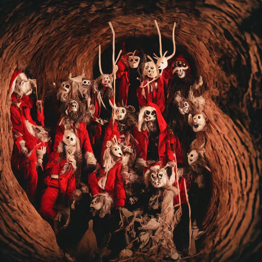 Prompt: cult members with taxidermic moth masks and red peak hood in a spiral tunnel, cinestill 8 0 0 t 3 5 mm, heavy grain, high quality, high detail