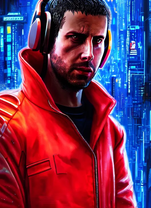 Image similar to cyberpunk character wearing jumpsuit and red jacket and cyberpunk headset. ( blade runner 2 0 4 9, dystopian, cyberpunk 2 0 7 7 character design ). attractive face. portrait by james gurney and laurie greasley, oil on canvas. cinematic, hyper realism, realistic proportions, full view, dramatic lighting, high detail 4 k