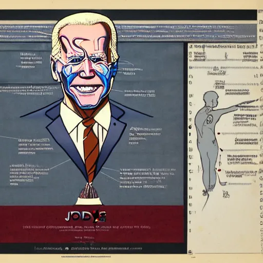 Image similar to anatomical diagram of a dissection of Joe Biden, by Barlowe