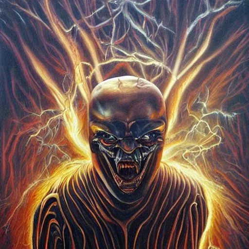 Prompt: the devil, hyperrealistic oil panting, disturing, highly detailed, shaded lightning, inspired by hr giger