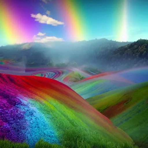 Image similar to beautiful rainbow mountains, mist and mushrooms, fantasy landscape, trending on artstation, 8k