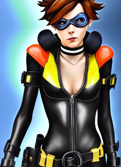 Image similar to oil painting digital artwork of tracer overwatch, confident pose, wearing black iridescent rainbow latex, 4 k, expressive happy smug expression, makeup, in style of mark arian, wearing leather collar, wearing sleek full body armor, black leather harness, expressive detailed face and eyes,