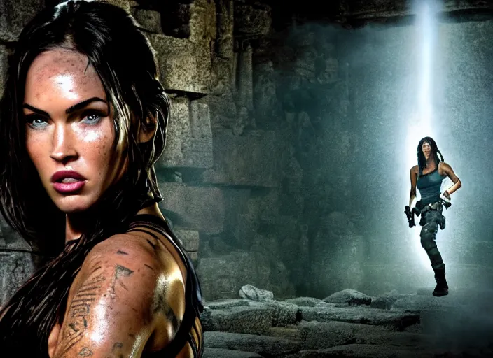 Prompt: film still of!!!! megan fox!!! as lara croft in new tomb raider movie, closeup portrait, exploring inside of aztec temple, action pose, dramatic lighting, octane, mist, volumetric lighting, 8 k