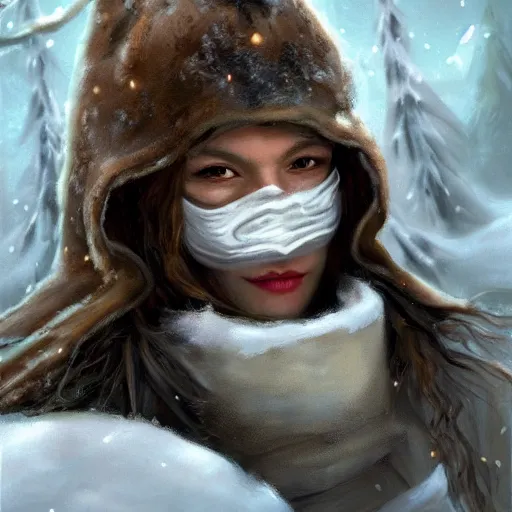 Prompt: fantasy snow bandit ‘ icewind dale ’ with mask, snow scene, ‘ icewind dale 2 ’ profile portrait by ‘ justin sweet ’, falling snow, soft focus, oil paint, artstation