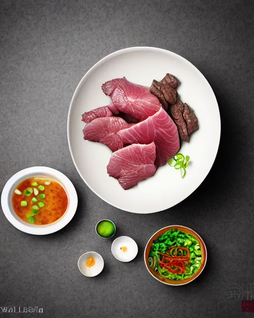 Prompt: realistic photo of delicious yakiniku, bowl, soja, white kitchen table, cloth, marble, highly detailed, by louise lister, sara ali, mary devinat, kailee mandel, masterpiece, award winning, food photography