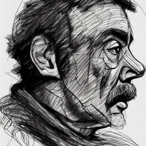 Image similar to a realistic yet scraggly portrait sketch of the side profile of a stern and sophisticated the engineer, trending on artstation, intricate details, in the style of frank auerbach, in the style of sergio aragones, in the style of martin ansin, in the style of david aja, in the style of mattias adolfsson